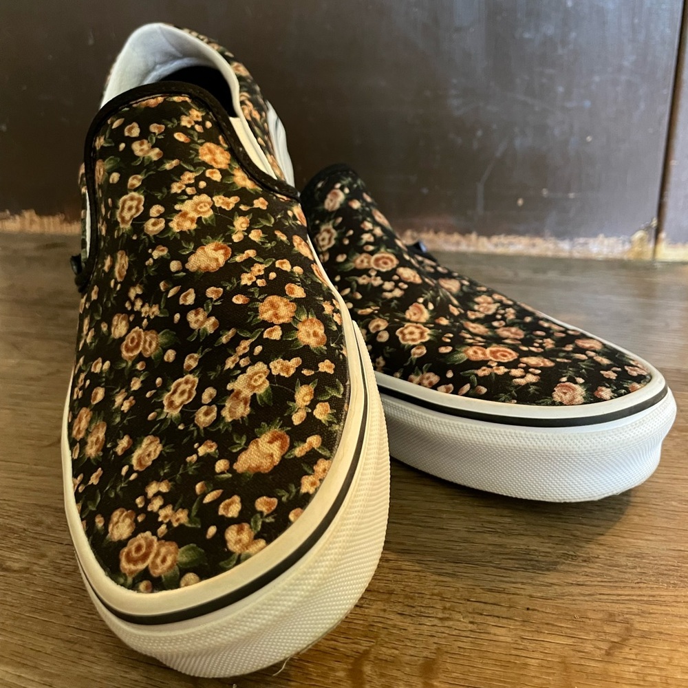 New with box black and rose floral vans slip ons